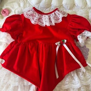 Vintage Velvet Red Lace Trim Holiday Dress with Ribbon Rose